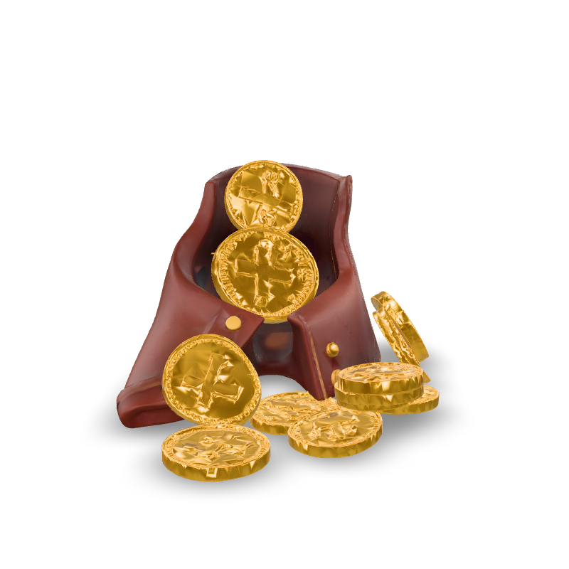 Gold coin pile spilling from leather pouch