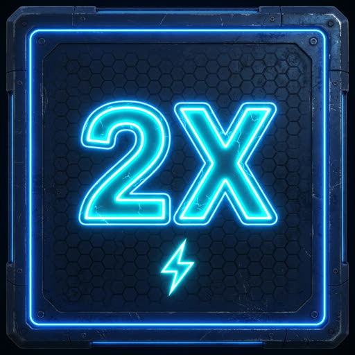 2X damage boost crate texture, neon cyan on navy