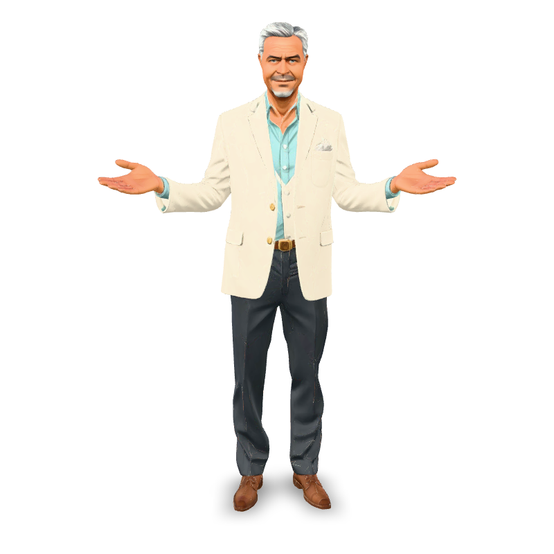 Man in white linen suit, standing (Meshy)